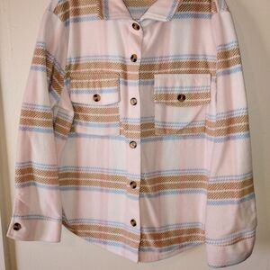Plaid Button-Up  Fleece Shacket in Pink and Tan
